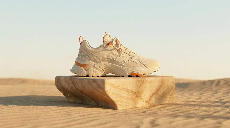 Sneaker campaign on a desert pedestal, created in Frenkel.ai