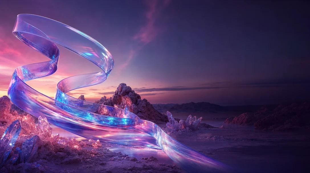 Frenkel.ai creation: an iridescent glass ribbon in a mineral landscape